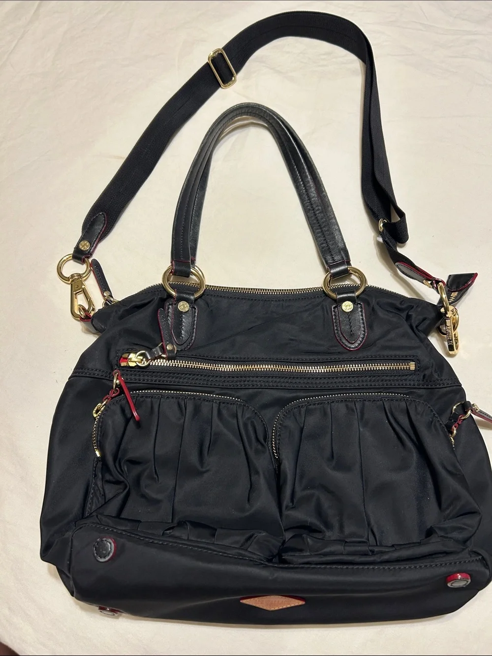 MZ Wallace Black Nylon Satchel with Gold Hardware and Red Trim